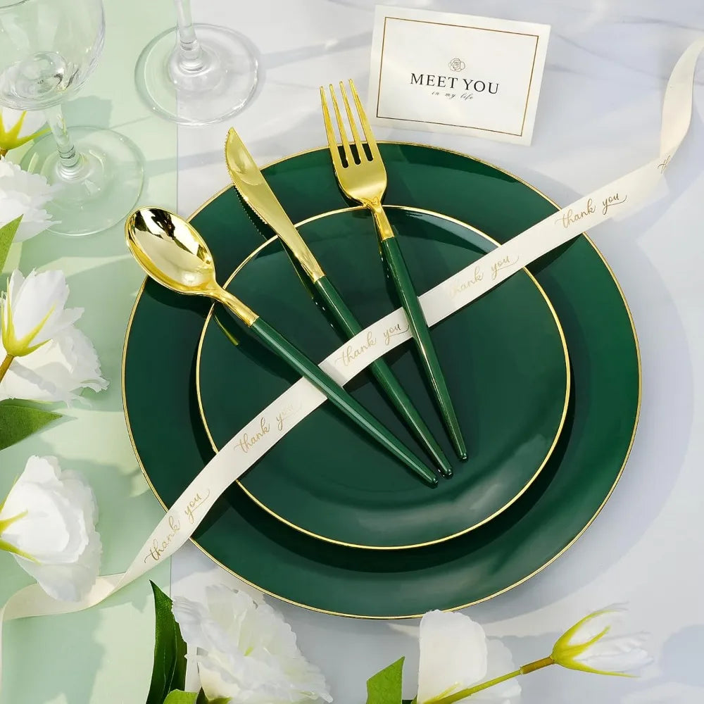 Green Gold Plastic Dinnerware Set 350 Pcs Disposable Plates And Cups For Party