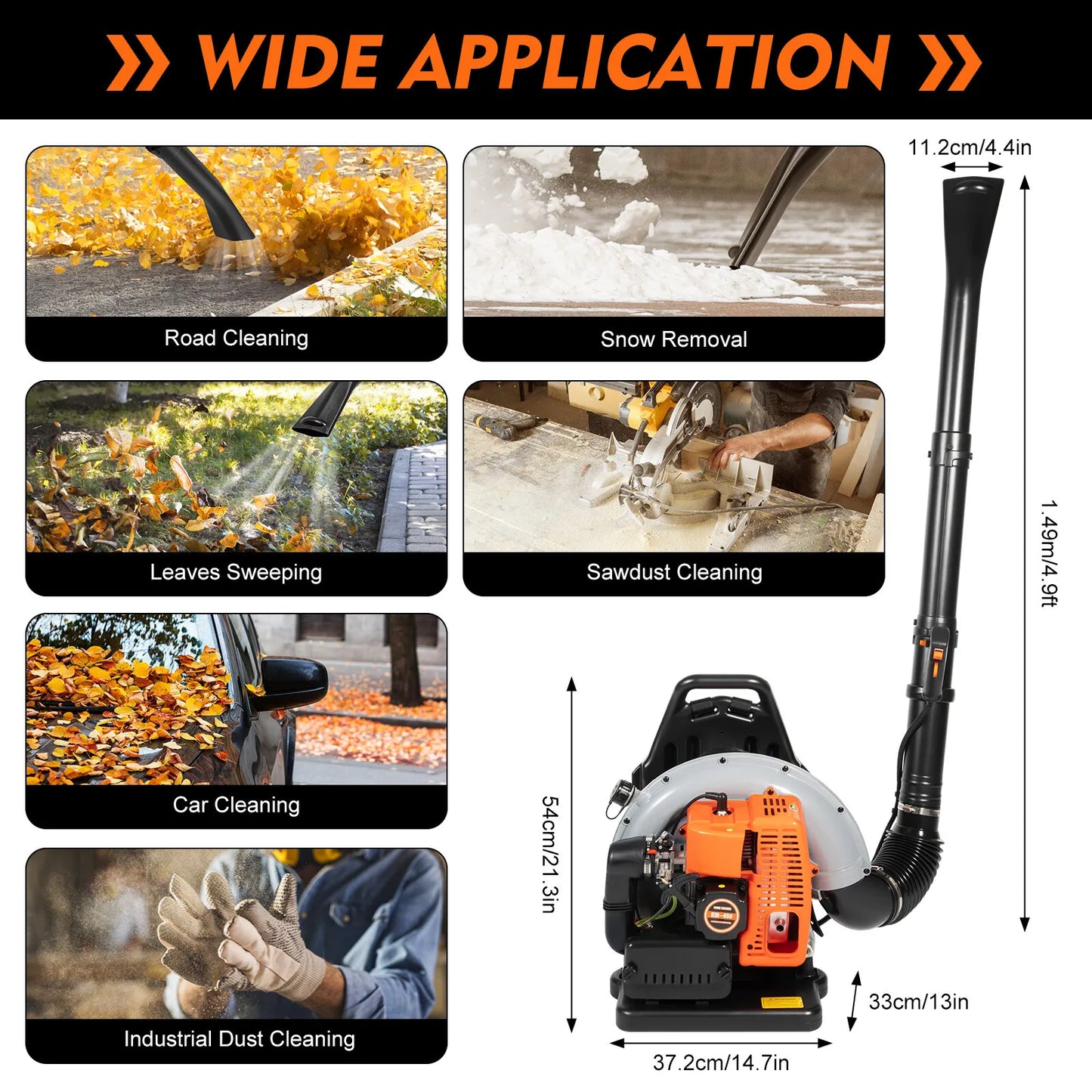 63cc 2 Stroke Gas Leaf Blower 2.7kW 6800rpm Backpack With Adjustable Speed