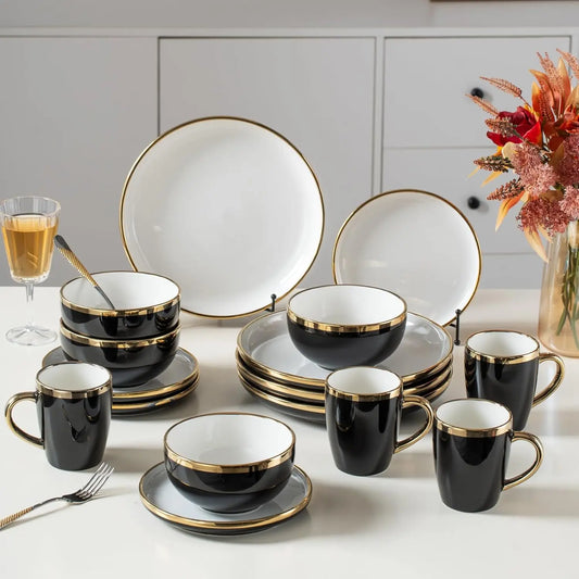 Black Ceramic Dinnerware Set For 4 16 Piece With Gold Rim Dishwasher Safe