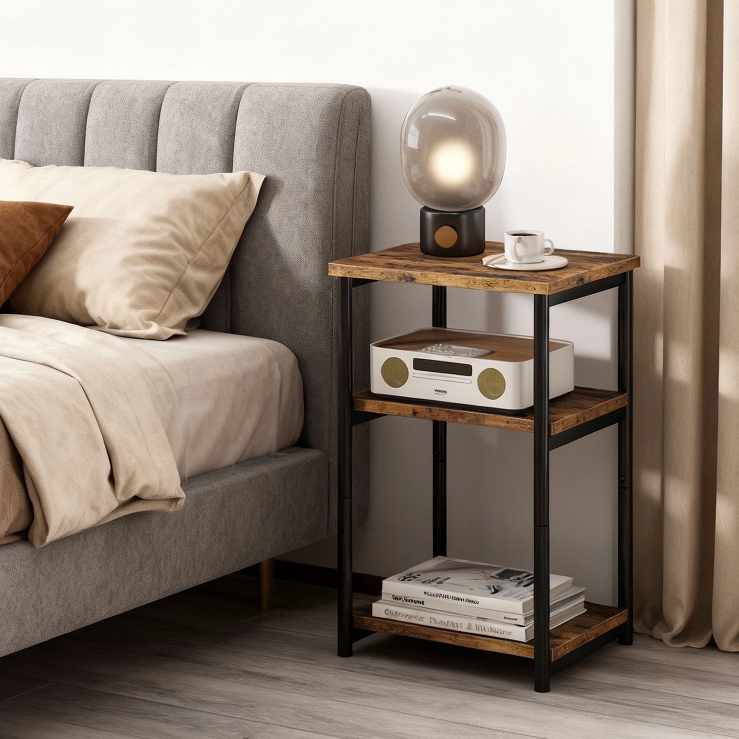 3 Tier End Table With Storage Shelves Rustic Narrow Sofa Side Table Metal Frame