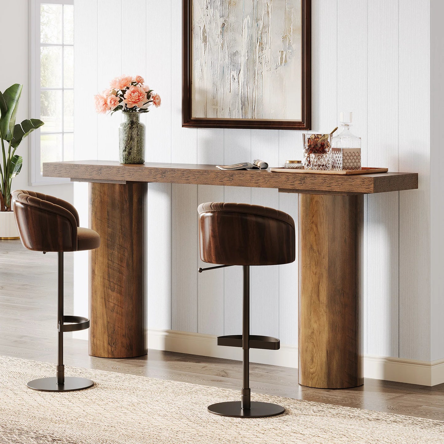Tribesigns 63" Long Bar Table, Rectangle Kitchen Counter Height Table with Pillar Legs, Narrow Bar Height Pub Table Behind Couch