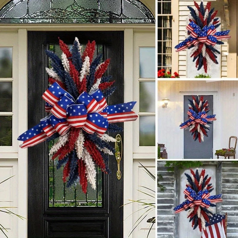 Patriotic Front Door Wreath for 4th of July Independence Day Blue Red White