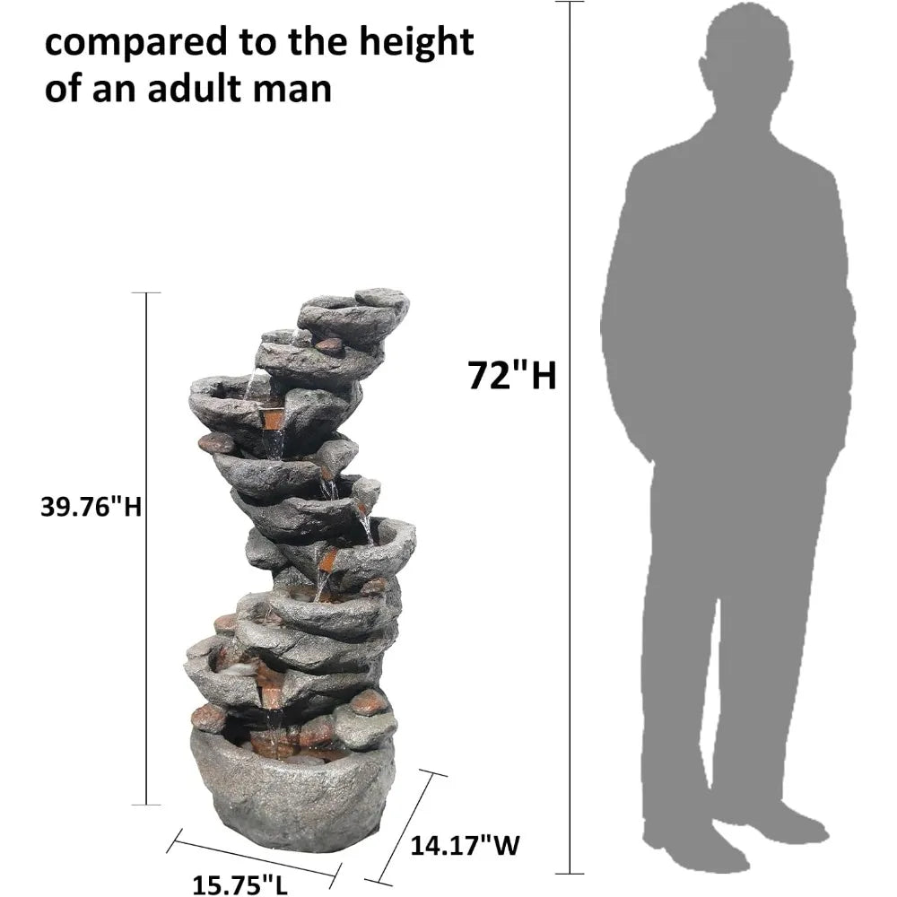 10-Tier Outdoor Rock Waterfall Fountain for Garden, Patio, Deck, and Pond Decor