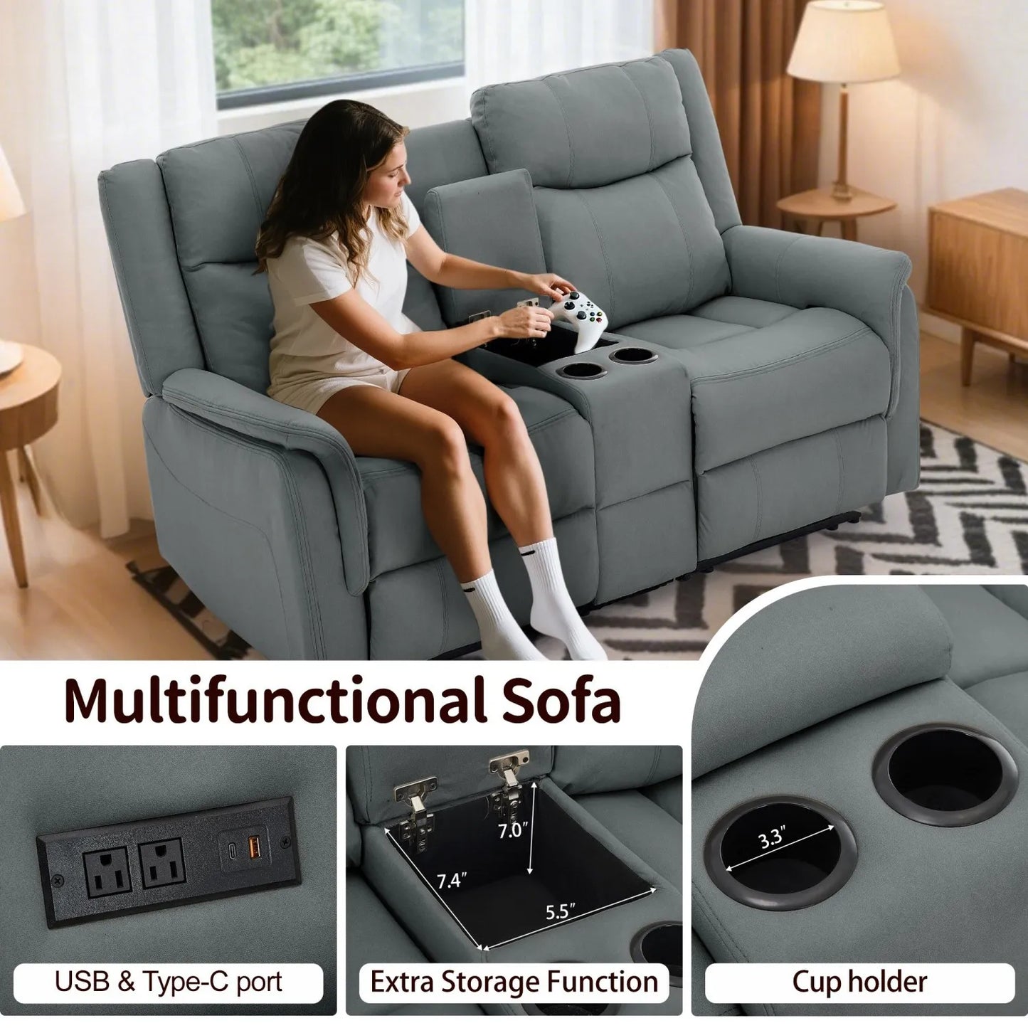 Korser Two Seater Loveseat Recliner With USB Ports And Cup Holders