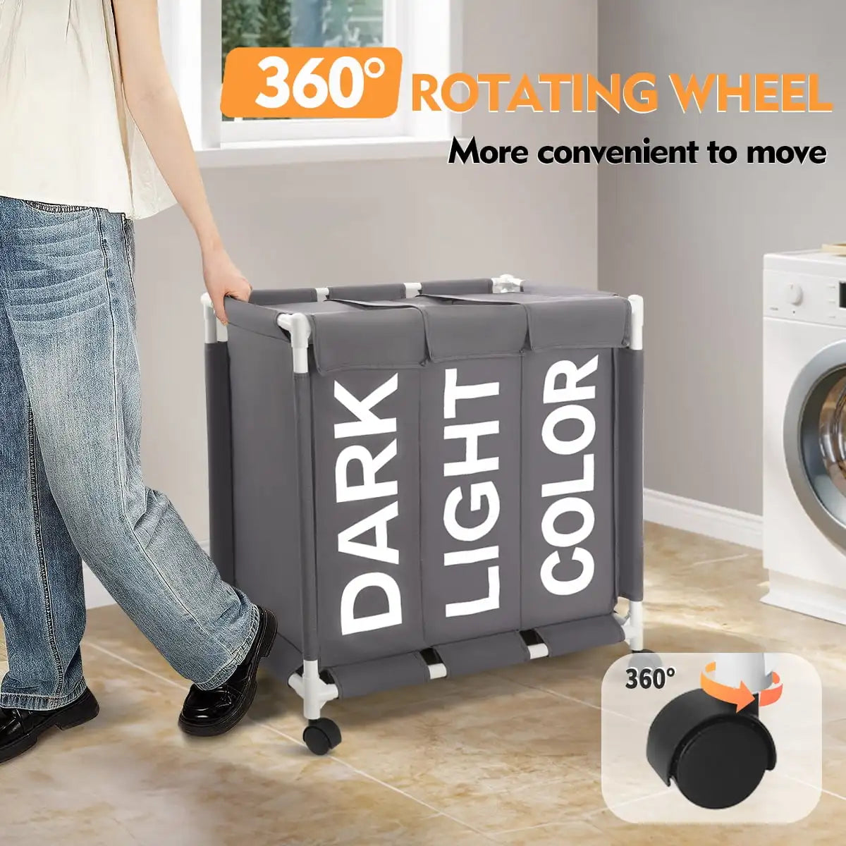 Wheeled Laundry Hamper with Lids 150L 3 Section Sorter Gray