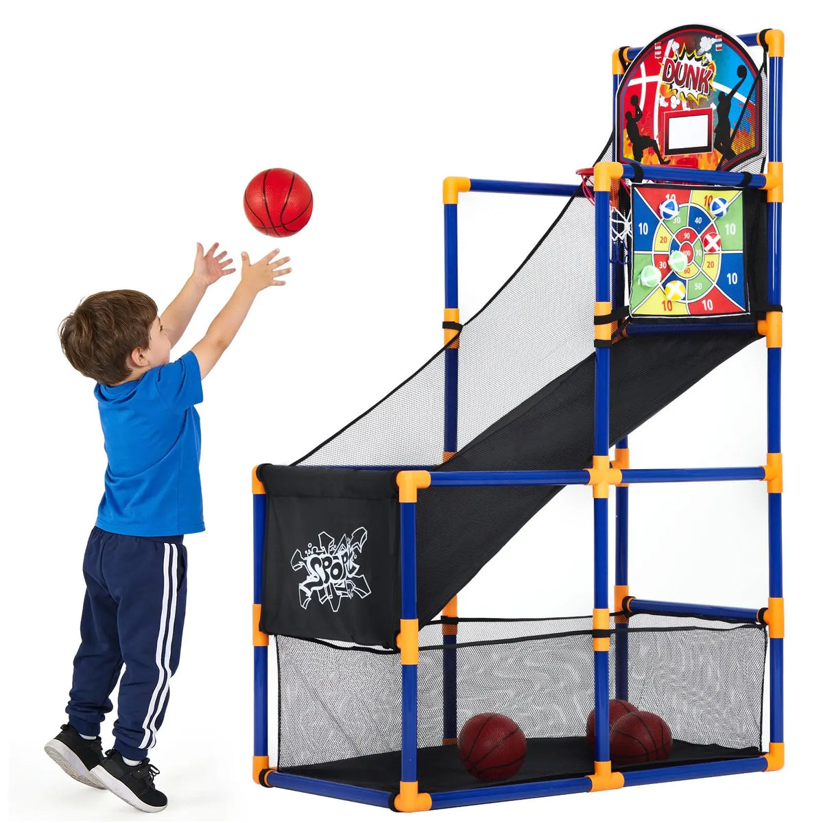 Kids Basketball Set Adjustable Indoor Outdoor Hoop With Ball Return Ramp