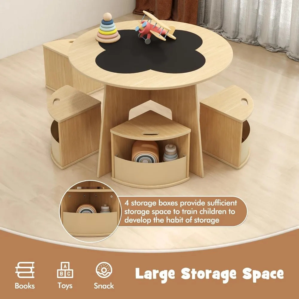 Toddler Table and Chair Set with 4 Storage Stools, Wooden Flower Shaped Nesting Table with Blackboard Drawers,