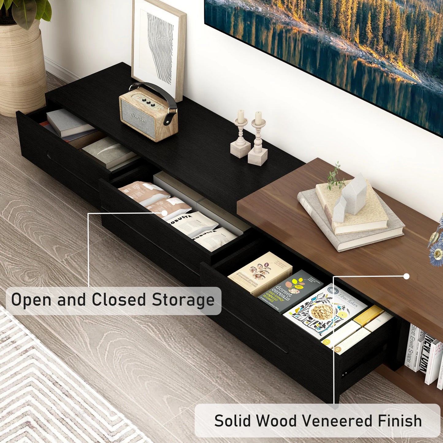 Extendable TV Stand for Up to 120"TV, 82-110'' Wood Reversible TV Media Console w/3 Drawers & Open Storage Shelf for Living Room