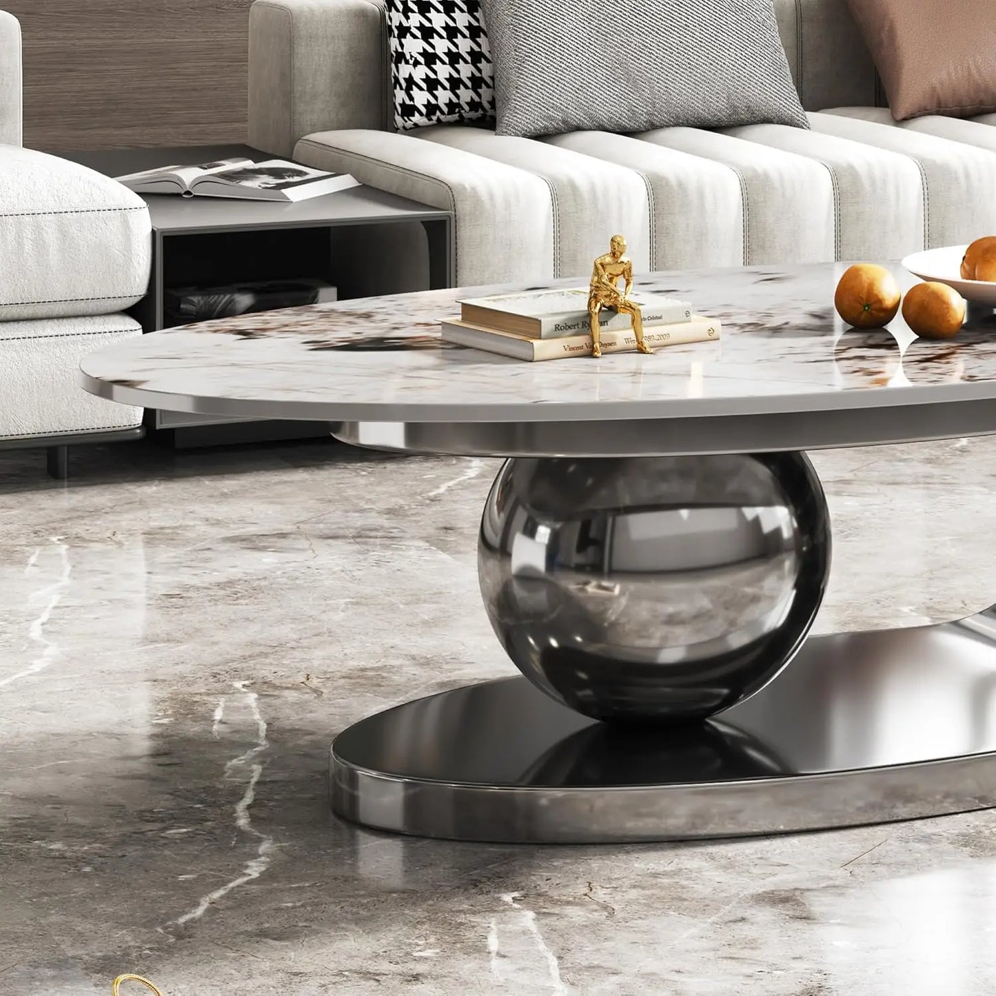 Modern Oval Coffee Table With Stainless Steel Pedestal And Faux Marble Top