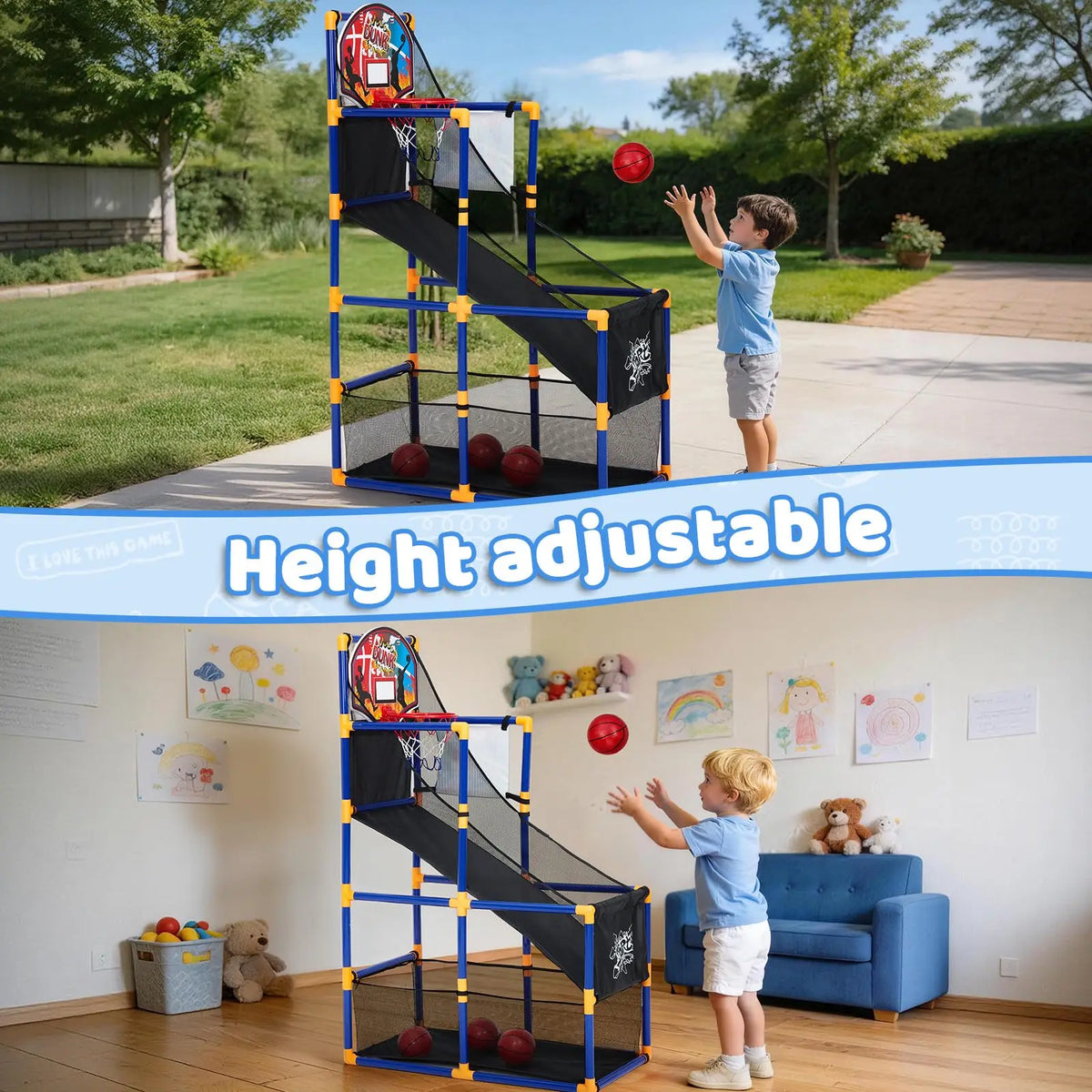 Kids Basketball Set Adjustable Indoor Outdoor Hoop With Ball Return Ramp