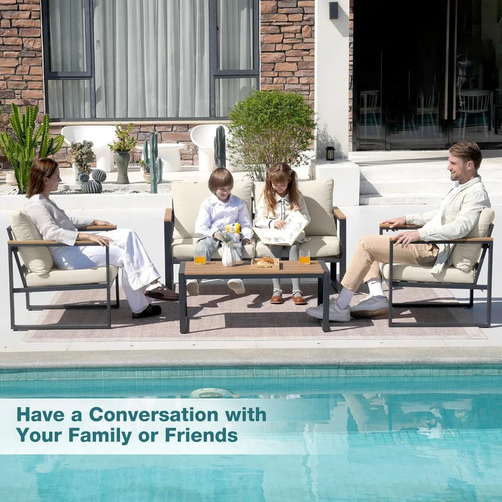 Exclusive Deal   4-Piece Outdoor Patio Furniture Set with Coffee Table Metal Conversation Set and Upgraded Beige Washable