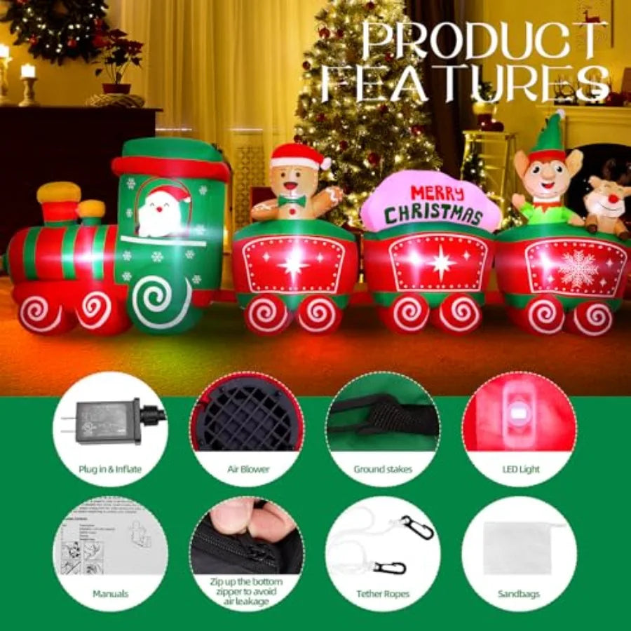 12Ft Christmas Inflatables Train with Santa Claus Reindeer Gingerbread Man Builtin LED Lights Blow Up Christmas Decor for Chris