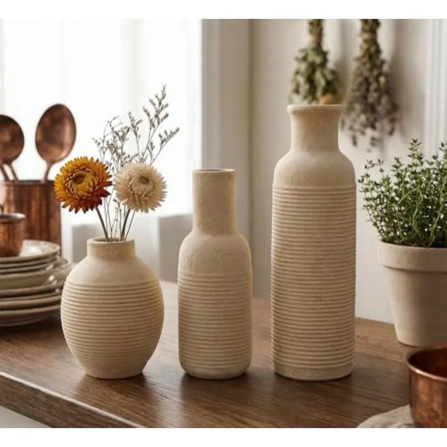 Rustic Farmhouse Ceramic Vase Set Of 3 For Centerpieces Home Decor