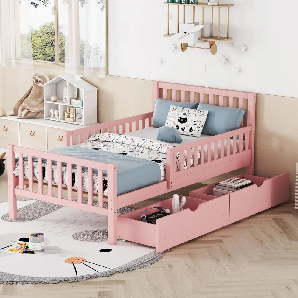 Pink Kids Twin Bed with Guardrails and Headboard Footboard 2 Drawers