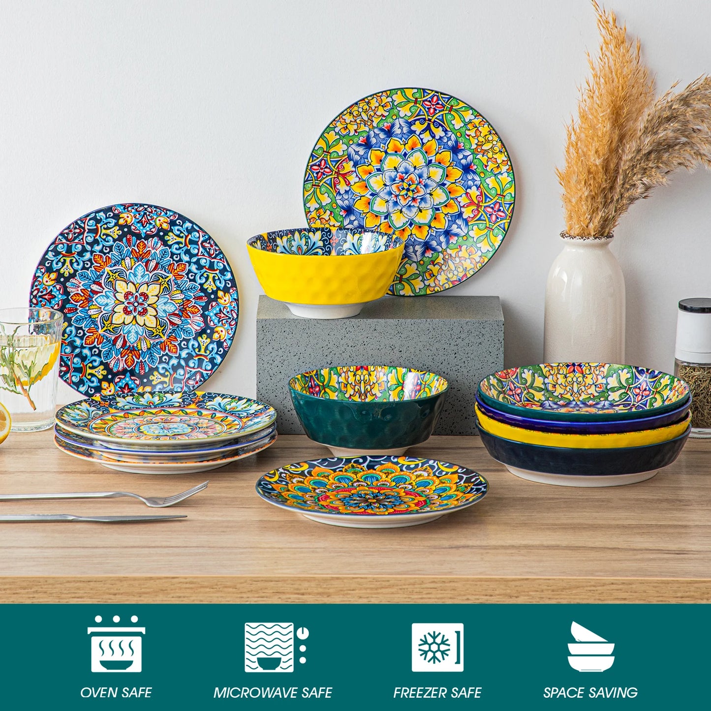 Vancasso Stoneware Dinnerware Set Bohemian Style For 6 Dinner Plates Pasta Bowls