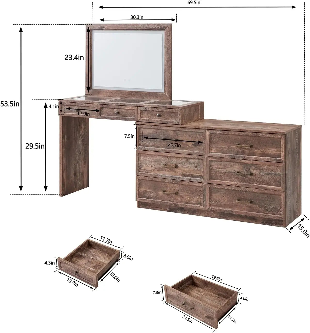 69 Inch Wide Rustic Wood Bedroom Dresser With Glass Top 9 Drawers LED Mirror