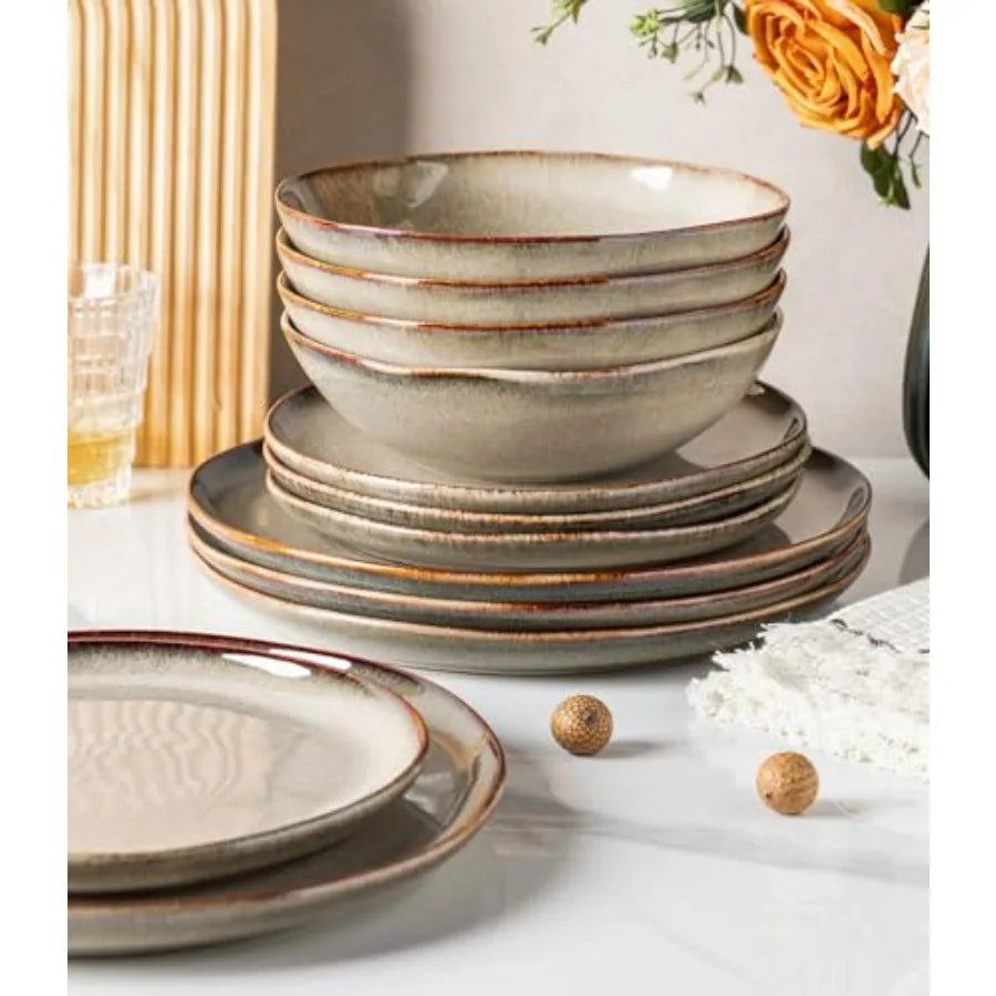 Stoneware Dinnerware Set For 4 12 Pieces Reactive Glaze Plates And Bowls