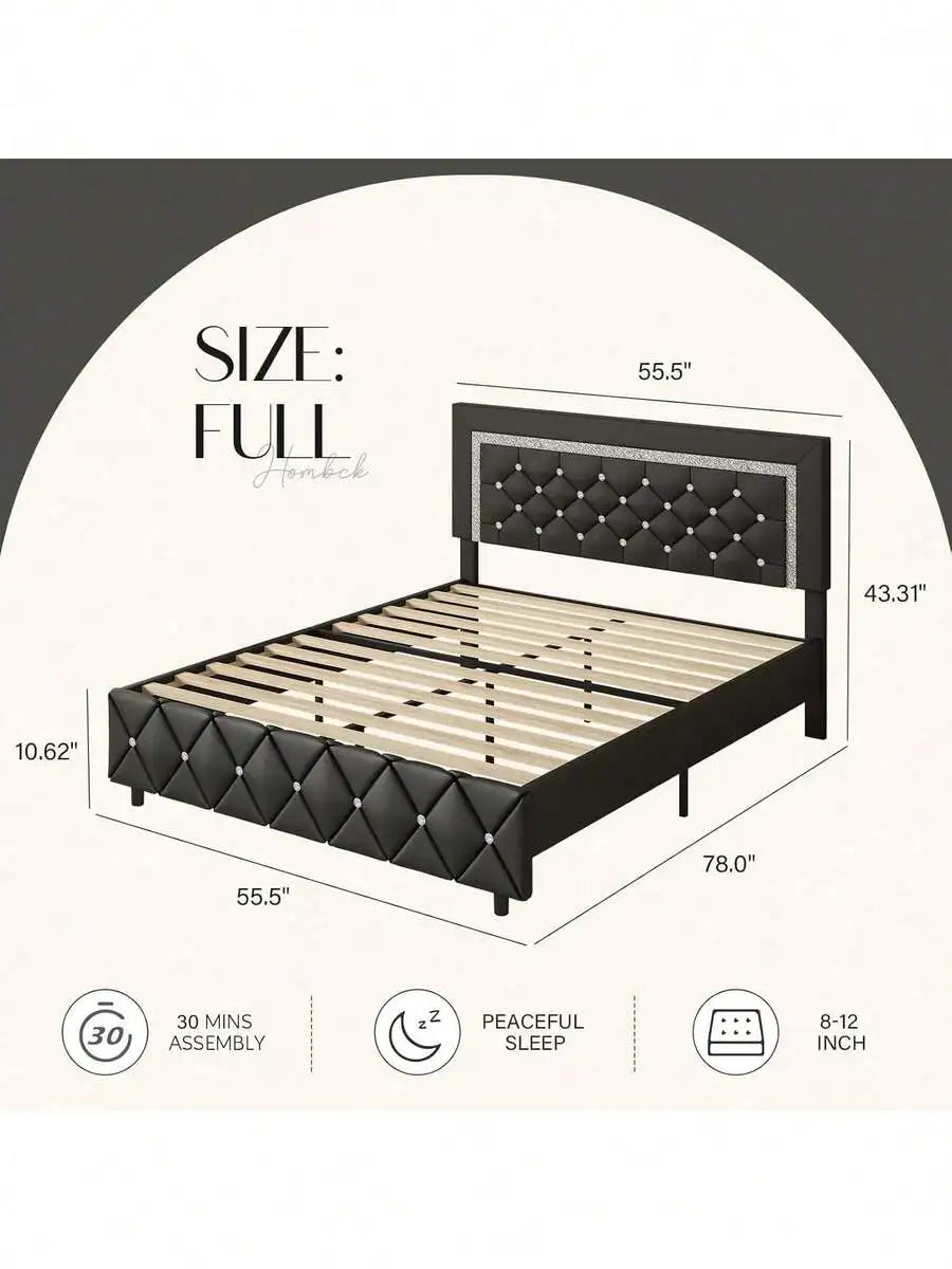Twin/ Full/ Queen/ King Size Bed Frame, Upholstered Bed Frame With Diamond Headboard And Footboard, Pearl White/ Beige/ Black/ Grey/ Pink/ Purple/ Green