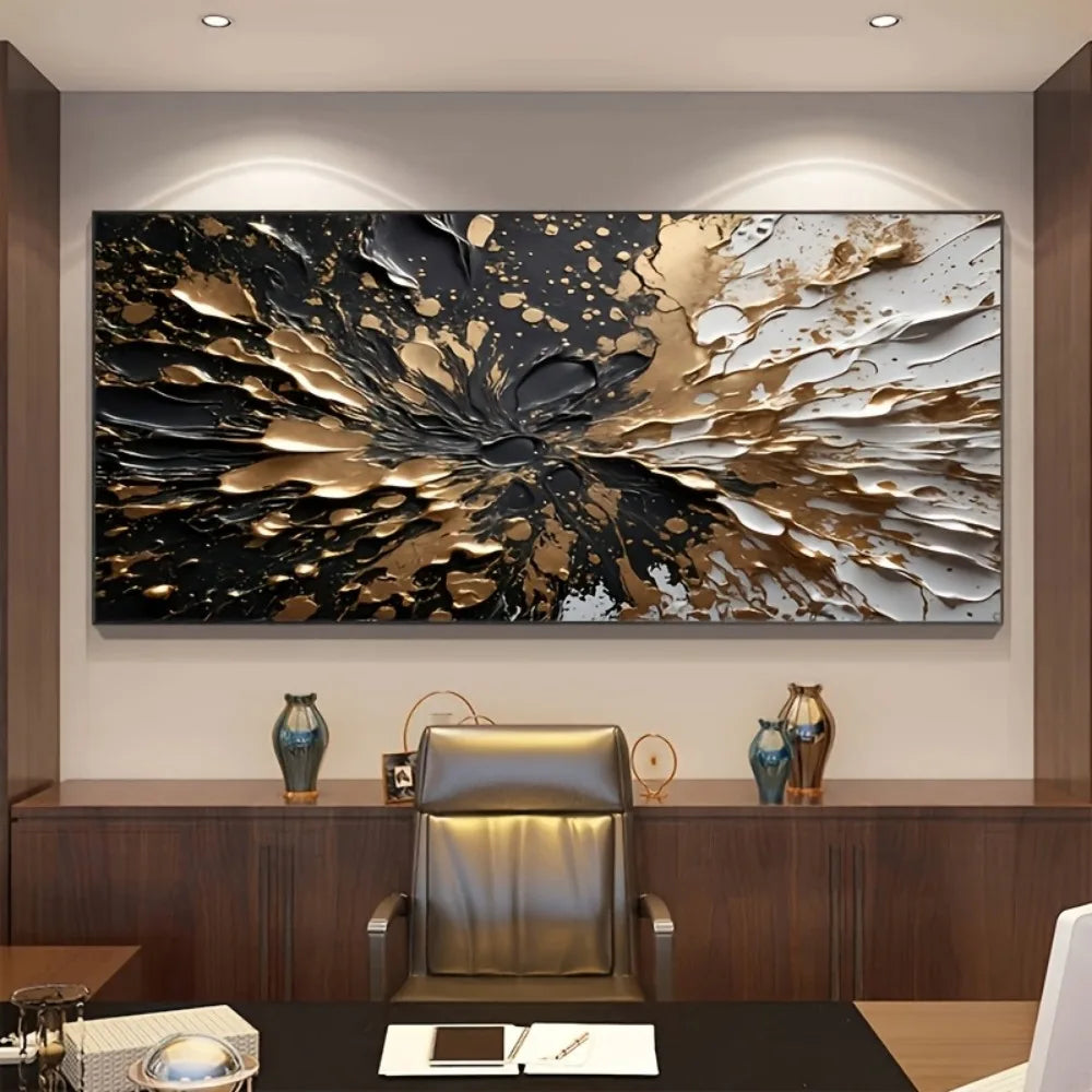 Modern Abstract Black Gold Ink Splash Wall Mural Pine Frame