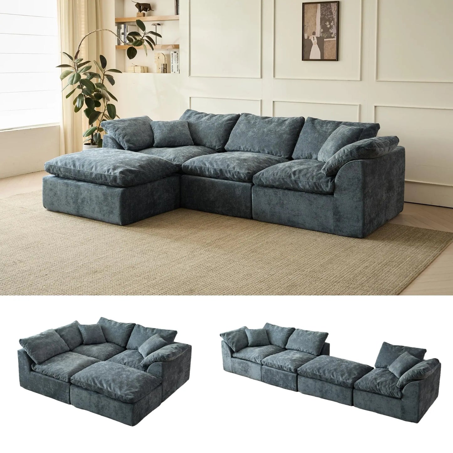Modern Blue L Shaped Deep Seat Sectional Sofa With Ottoman