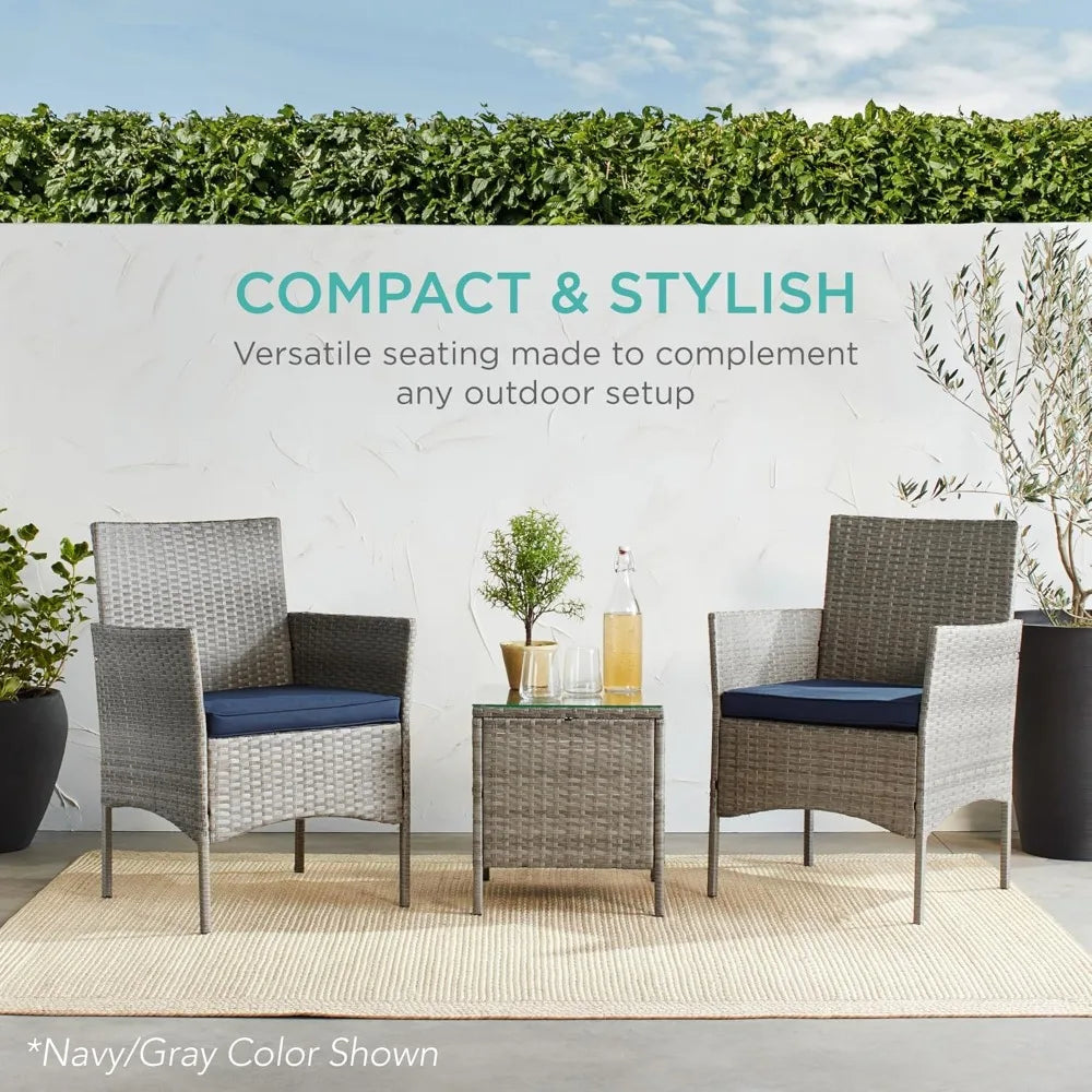 3-Piece Outdoor Wicker Conversation Bistro Set, Space Saving Patio Furniture for Garden w/Side Table