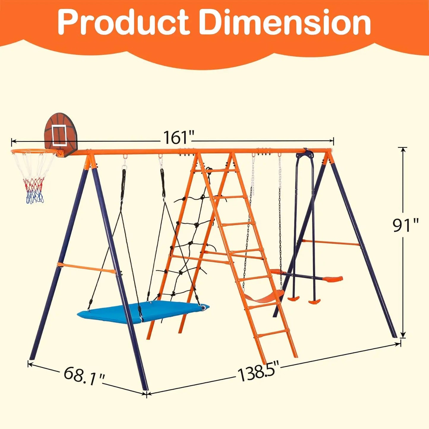 Outdoor Metal Swing Set for Kids, Heavy-Duty Metal Playground Set with Swings, Climbing Ladder, Trapeze Bar & Basketball Hoop, 6