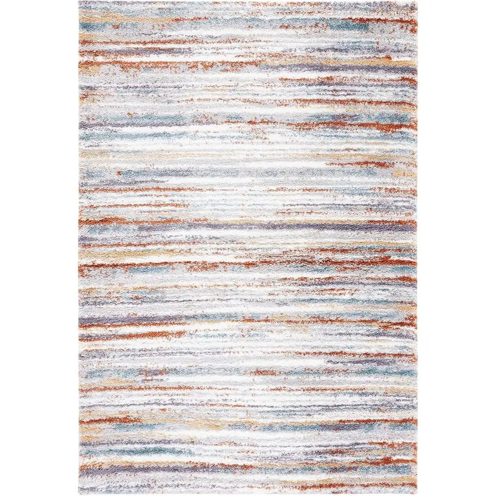 Shag Collection Area Rug 9 Ft By 12 Ft Blue Rust Ivory Stripe Non Shedding