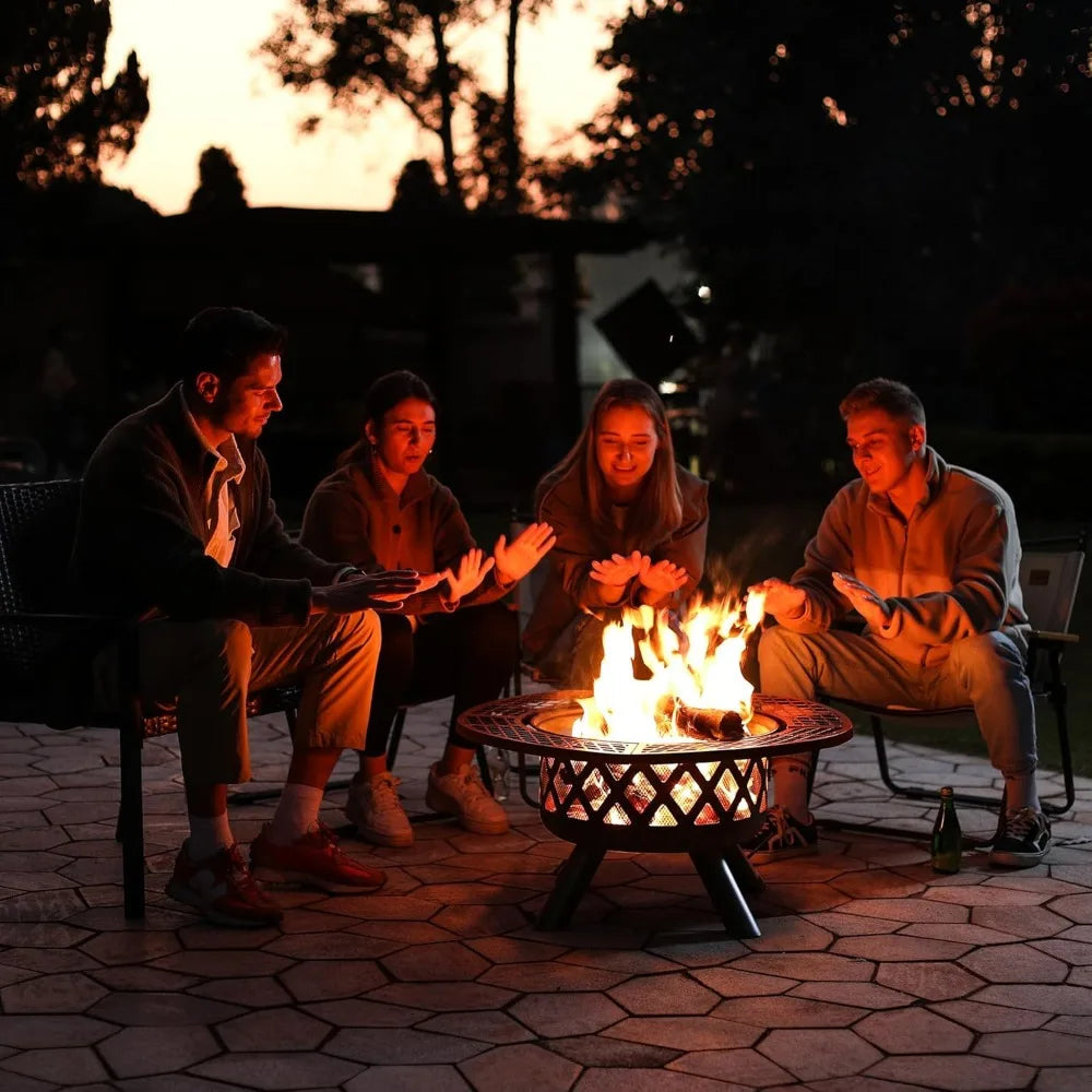 Outdoor 32 Inch Fire Pit With Poker And Wood Burning Grill