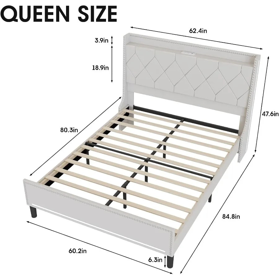 Queen Size Bed Frame With LED Headboard Builtin Charging Station And Storage