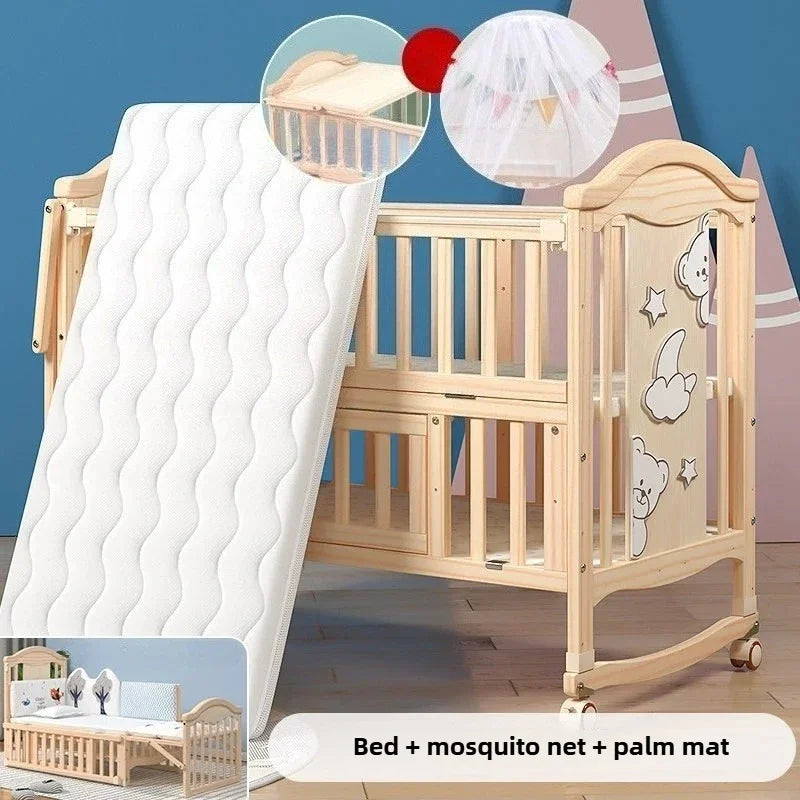 Movable Solid Wood Baby Crib With Mosquito Net And Universal Wheels Rocking Bed