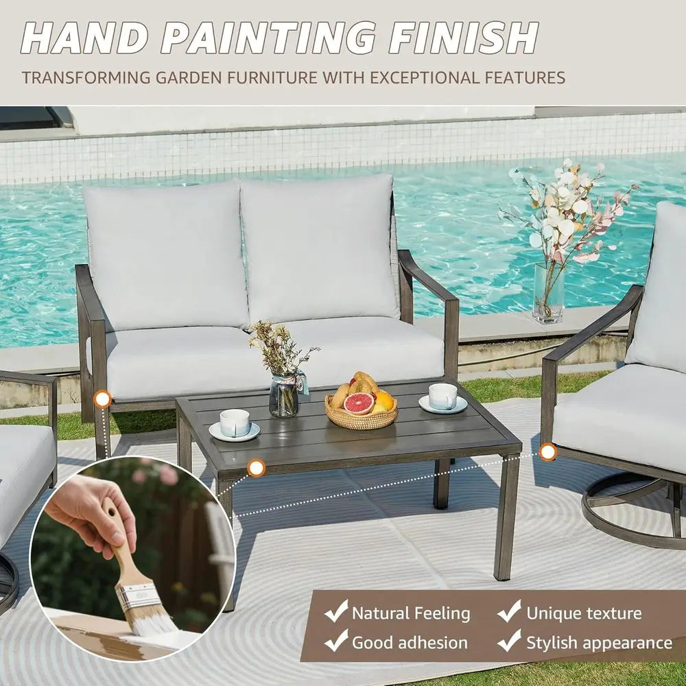 4-Piece Outdoor Metal Swivel Rocking Chair Set with Woven Rope Back Cushions