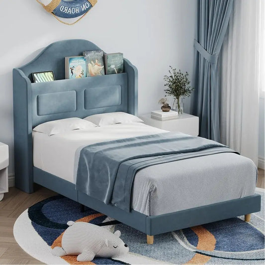 Twin Kids Velvet Platform Bed Frame With Storage Bookcase Headboard LED