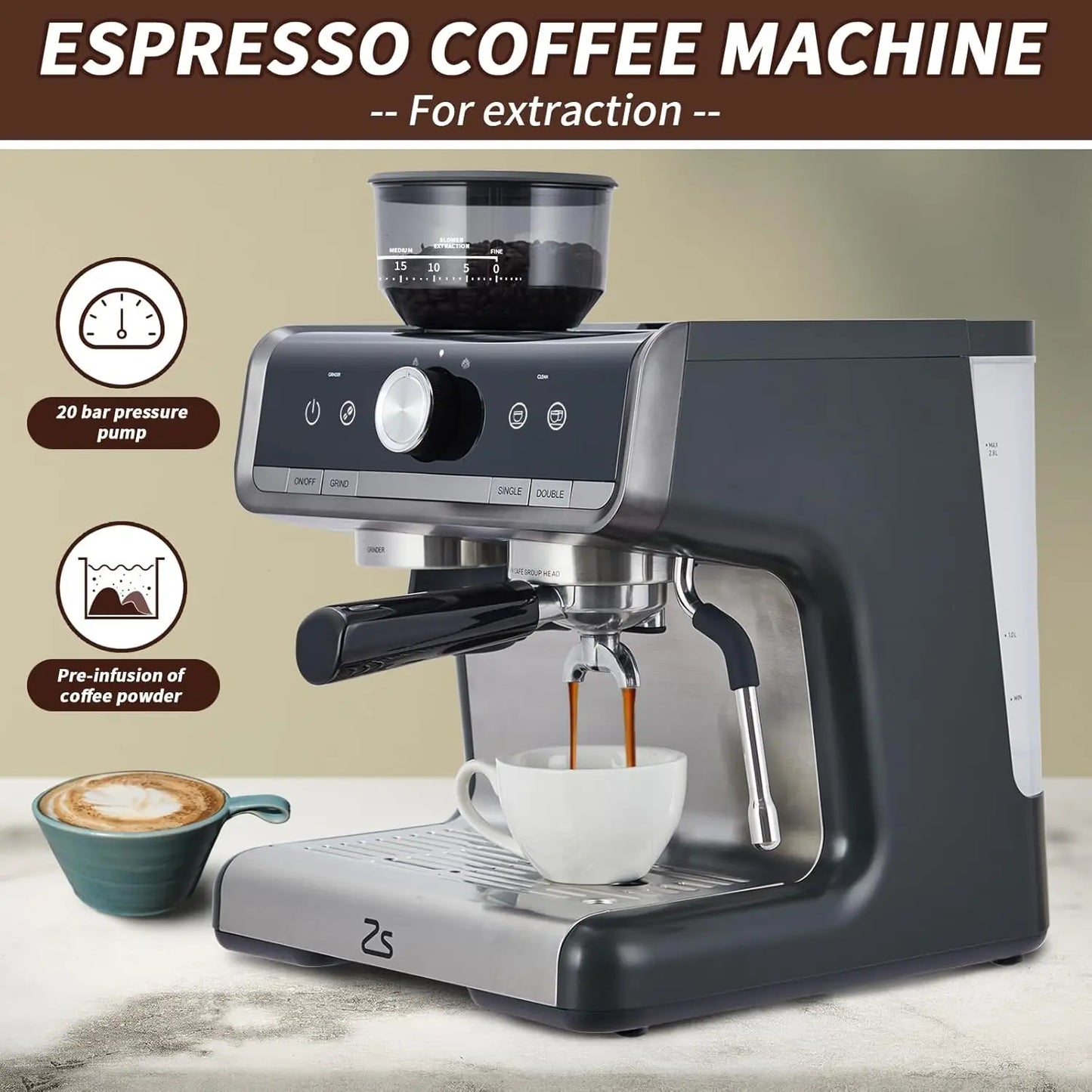 Espresso Machine With Grinder And Milk Frother Steam Wand 20 Bar 1450W