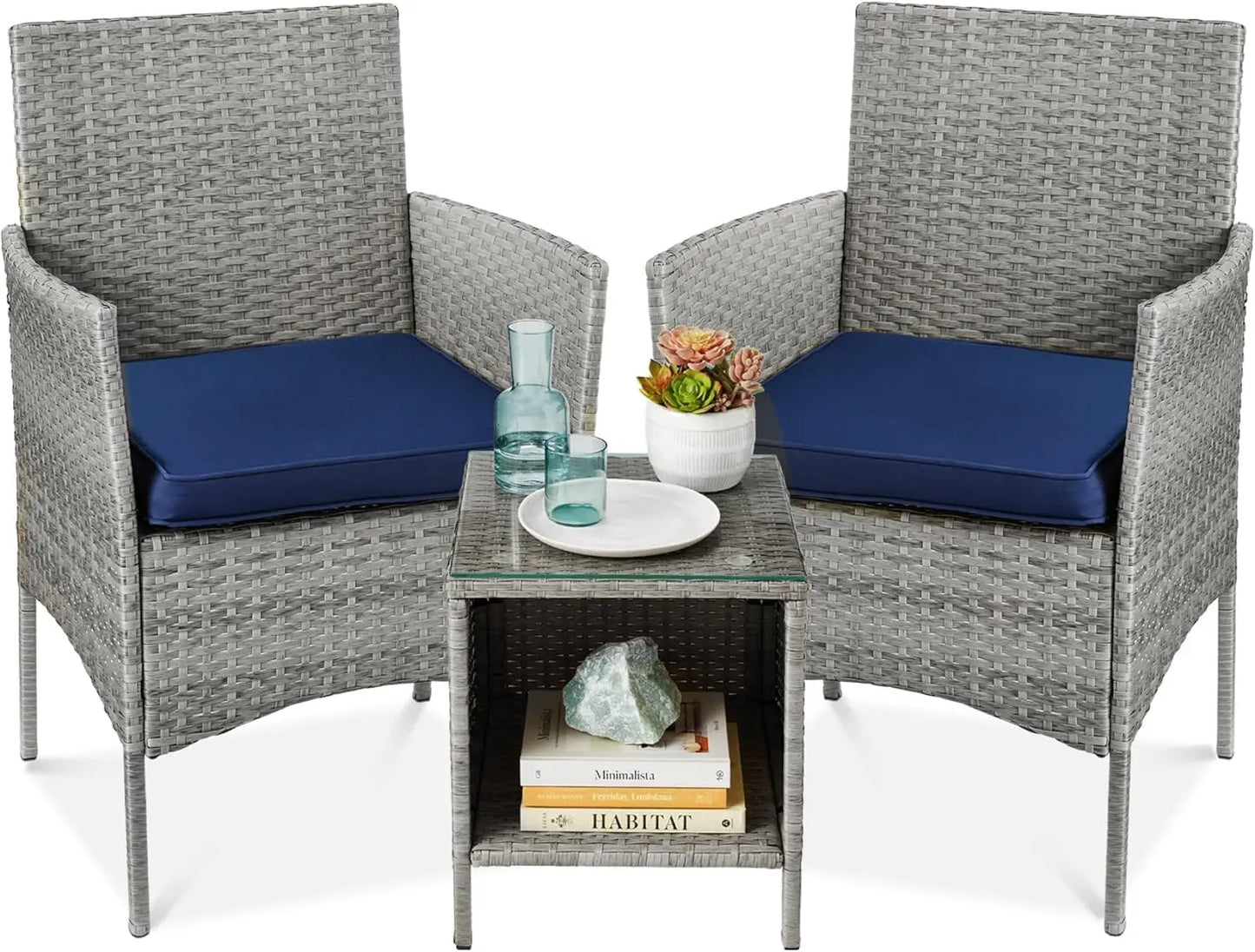 3-Piece Outdoor Wicker Conversation Bistro Set, Space Saving Patio Furniture for Garden w/Side Table