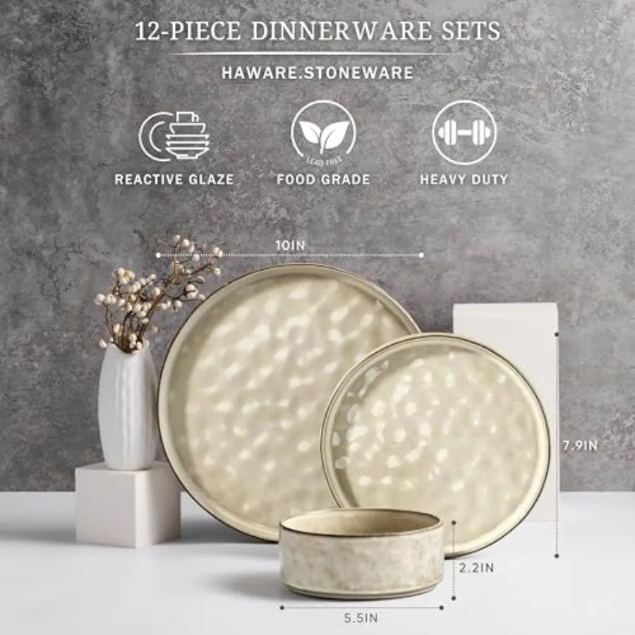 12 Piece Stoneware Dinnerware Set For 4 Plates And Bowls Ceramic