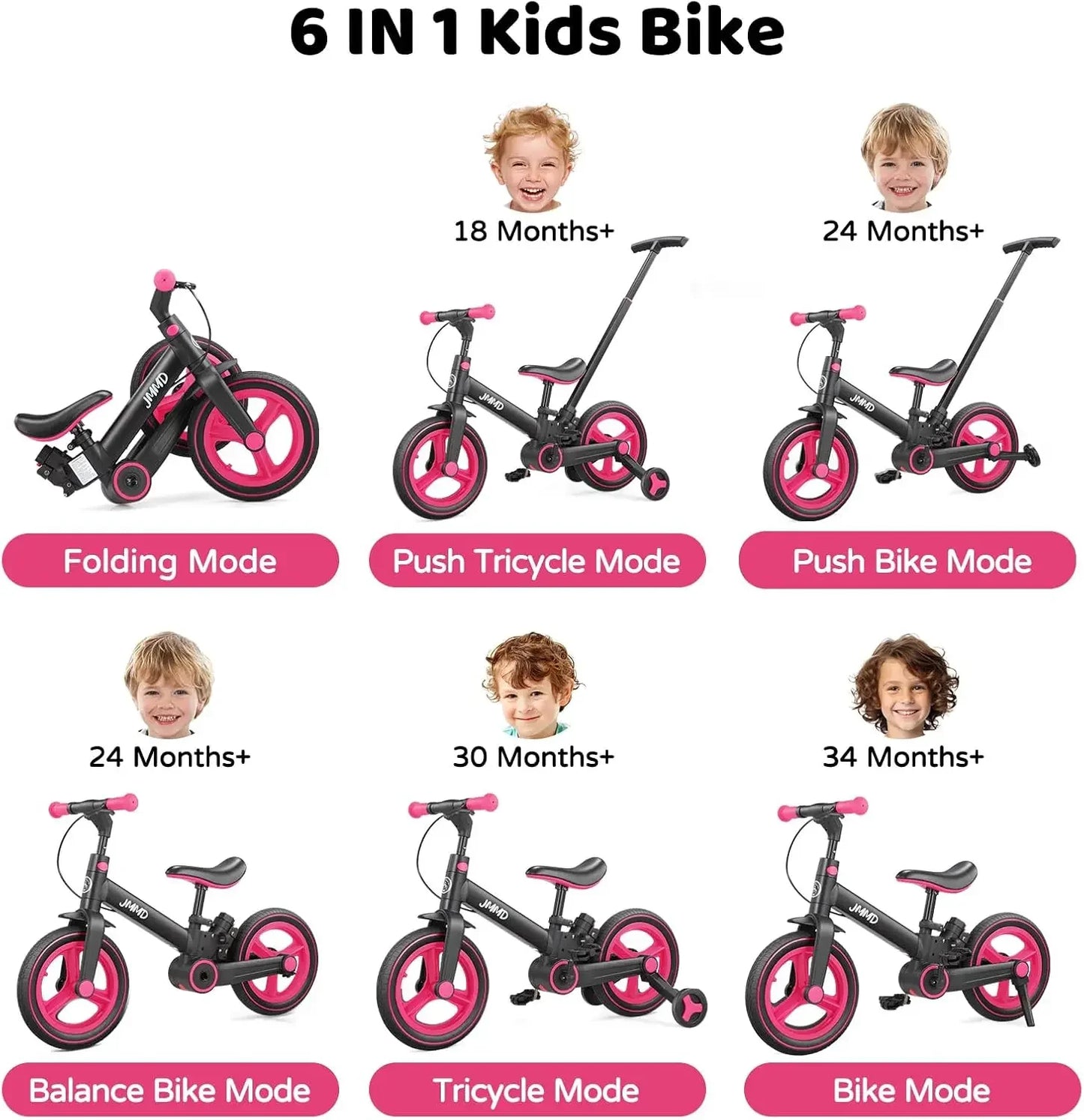 Toddler Bike With Push Handle 6 In 1 Foldable Bike Pedals Training Wheels