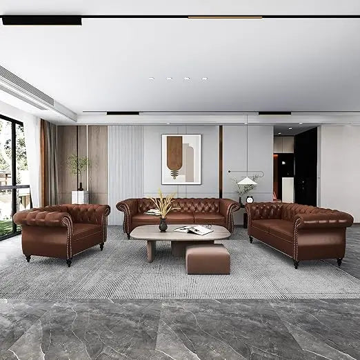 3 Piece Living Room Set Sectional Chesterfield Leather Sofa