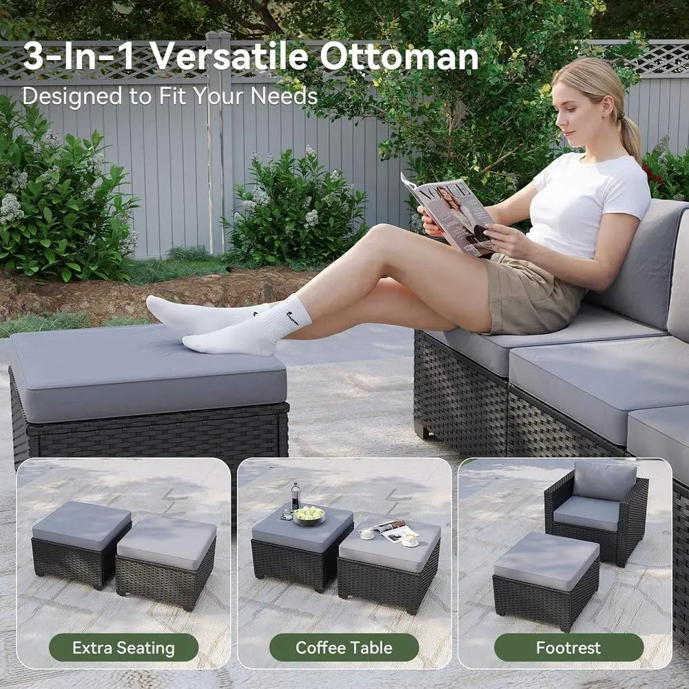Six Piece Outdoor Furniture Set With Fire Pit Table And Grey Sectional Sofa