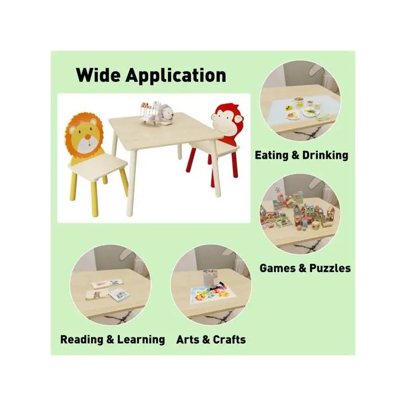 3-Piece Kids Table and Chairs Set, Wooden Play Activity Furniture for Toddlers (Lion & Monkey Design)