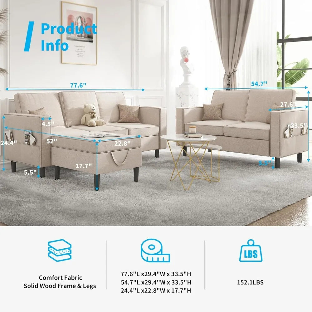 3 Pieces Sectional L Shaped Living Room Sofa Couches Set – 3-Seater 78" Width Small Couch Sofas, Living Room Furniture Sets