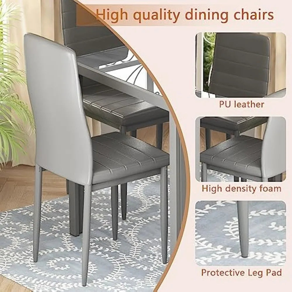 7 Piece Set Tempered Glass Table PU Leather Chairs Grey