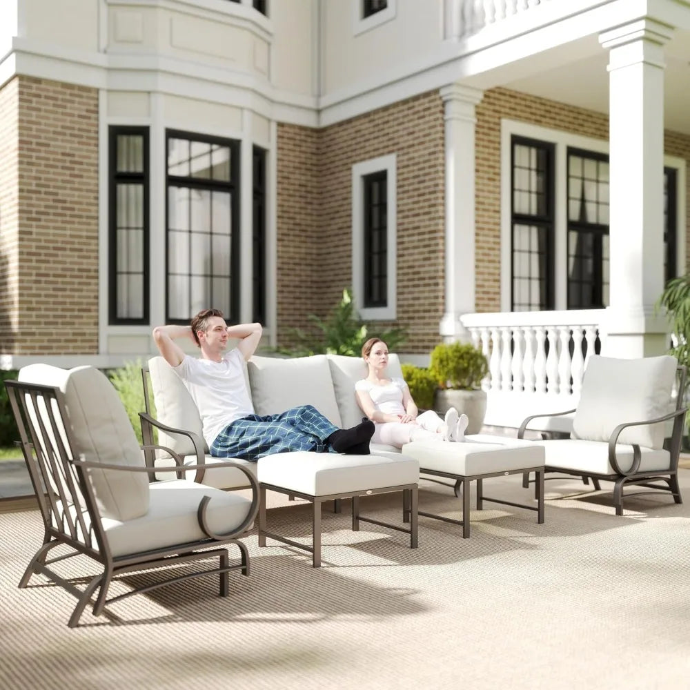 5 Piece Outdoor Patio Furniture Set 2 Rocking Chairs 3 Seat Sofa 2 Ottomans