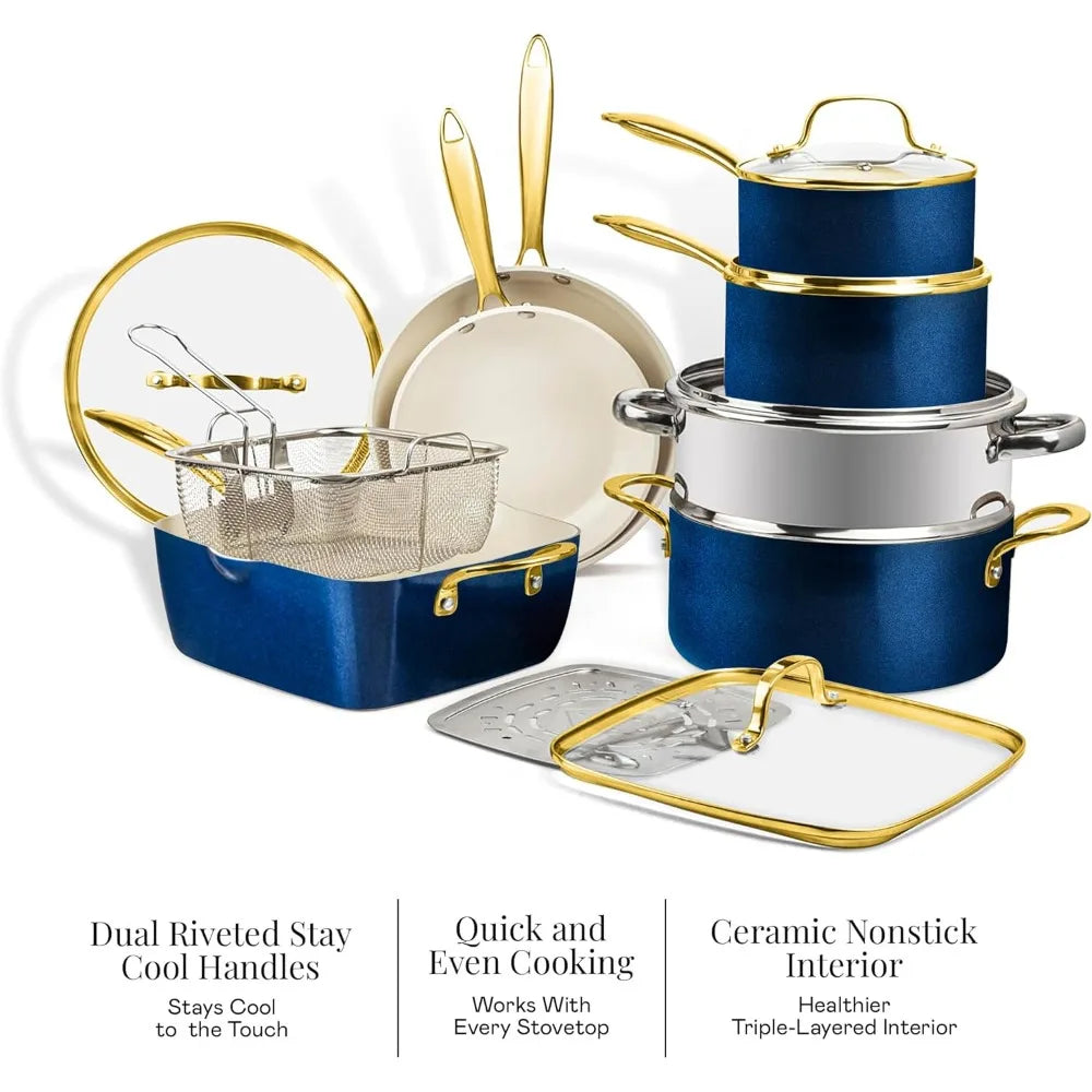12 pc ceramic cookware set nonstick, ceramic pots and pans set non stick with steamer for cooking, non toxic pfoa pfos free, pr