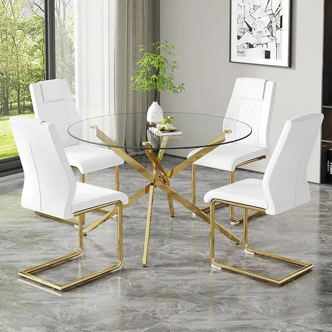 Round Glass Dining Table Set 5 Piece For 4 Modern 47 Inch