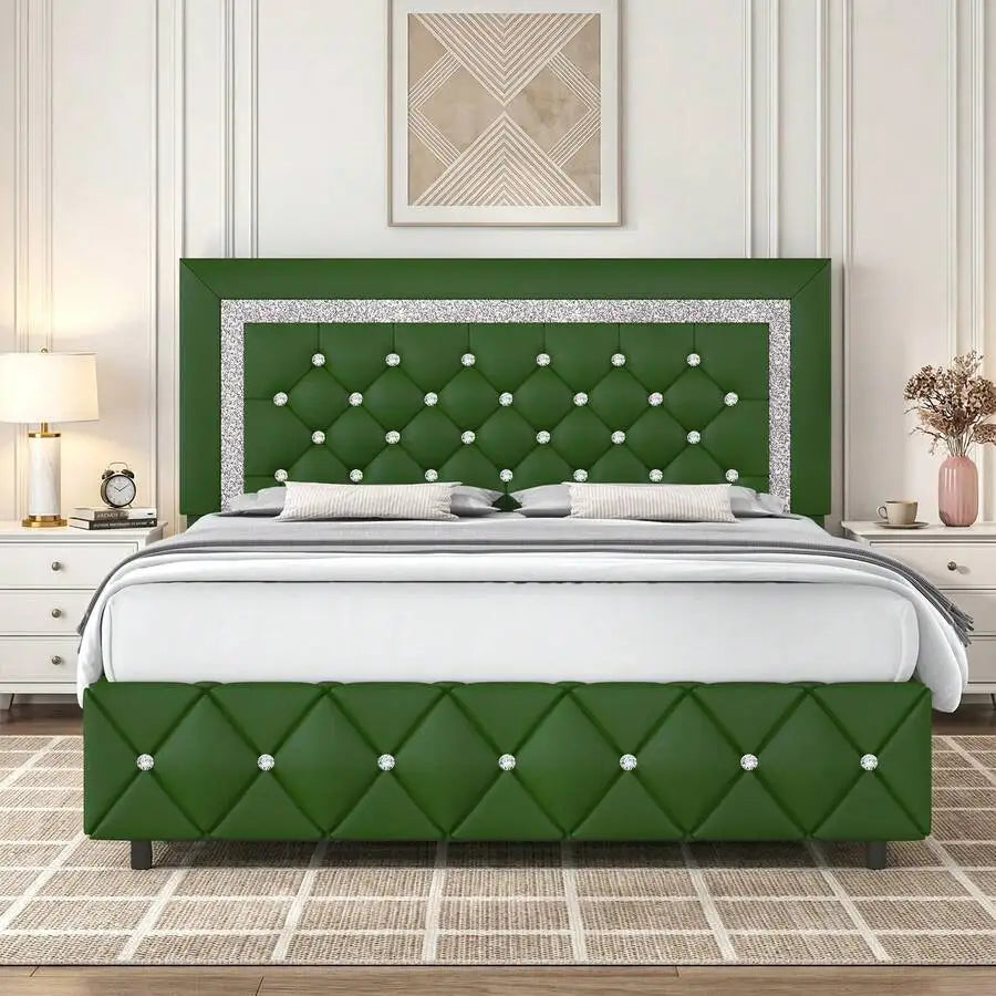 Twin/ Full/ Queen/ King Size Bed Frame, Upholstered Bed Frame With Diamond Headboard And Footboard, Pearl White/ Beige/ Black/ Grey/ Pink/ Purple/ Green