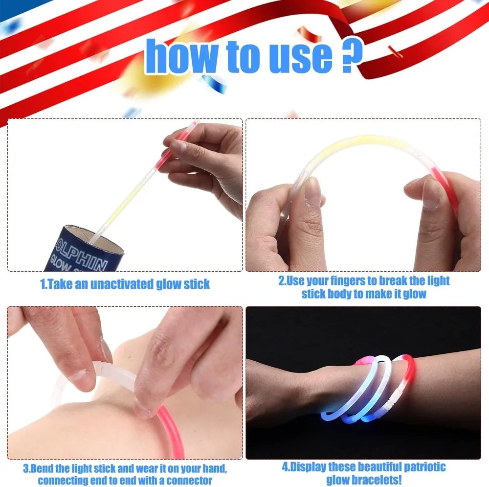 Patriotic Glow Stick Bracelets 100 Pack 8 Inch Red White Blue Fourth Of July