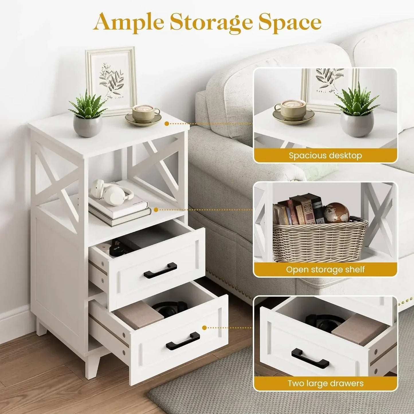Tall Nightstand Set Of 2 White Side Tables With 2 Drawers