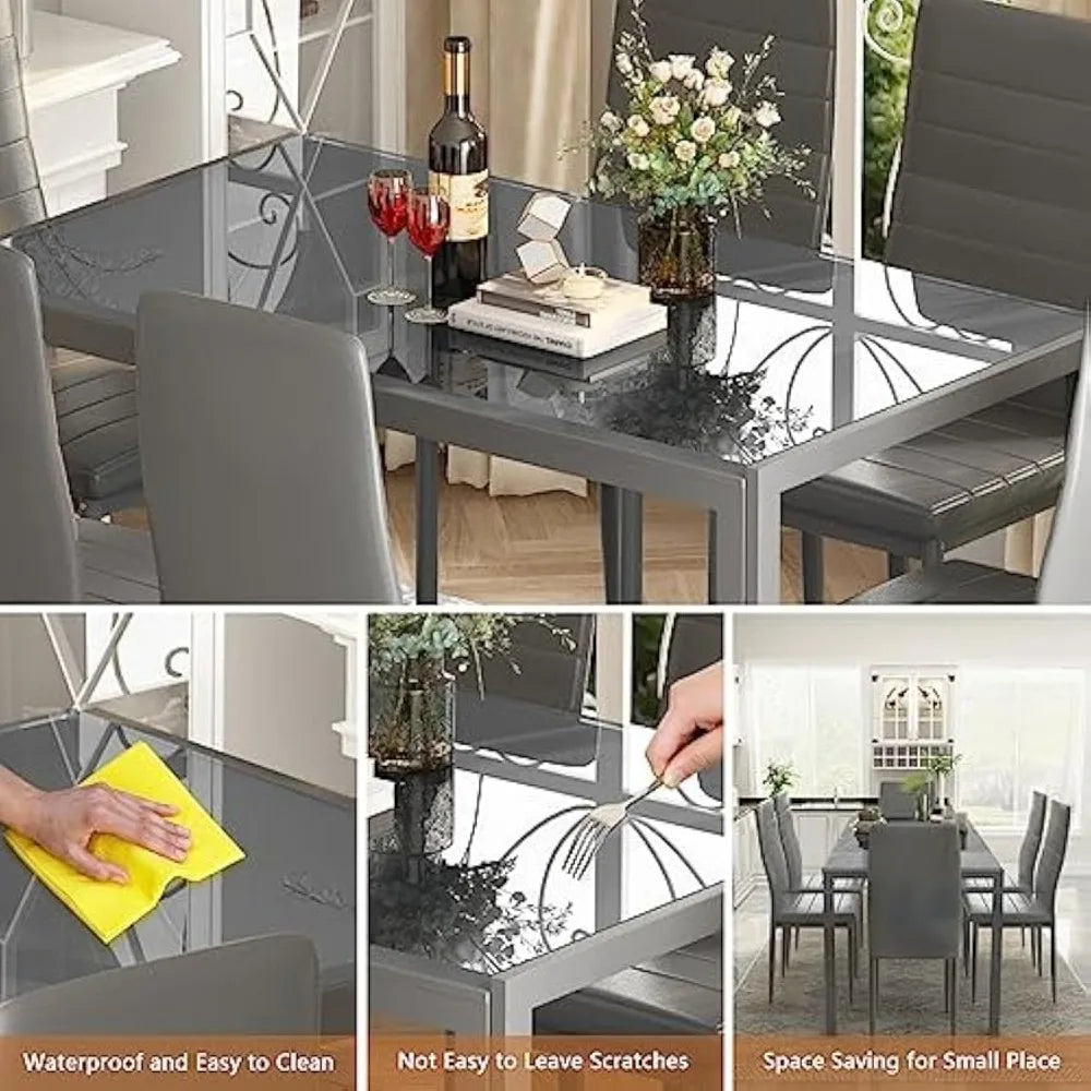 7 Piece Set Tempered Glass Table PU Leather Chairs Grey