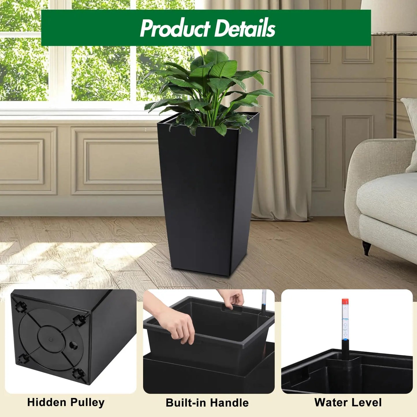 Set Of 2 30in Tall Planters For Indoor Outdoor, Self Watering Large Flower Pots With Drainage, Water Level Monitor, Insert & Wheels
