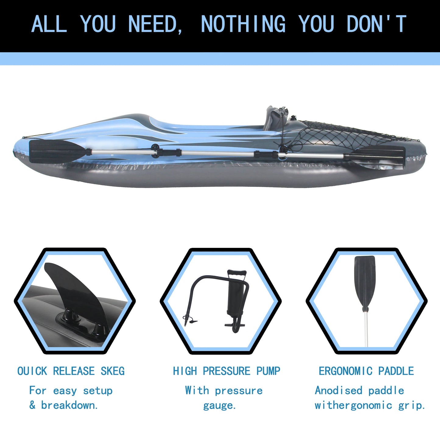 Blue Inflatable One Person Kayak Fishing Paddles Bag Seats High Output Pump Fin